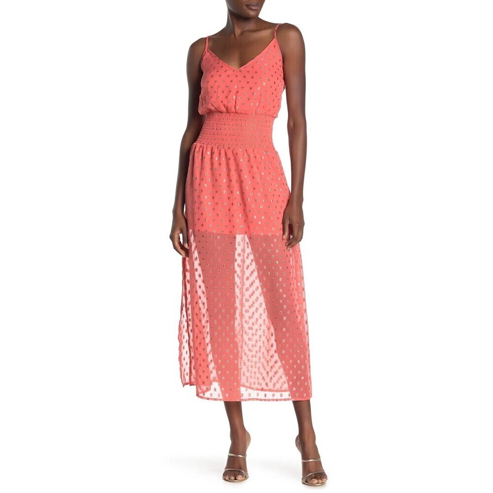NSR Woman's Sofia Smocked Waist Midi Dress In Coral Orange Size S